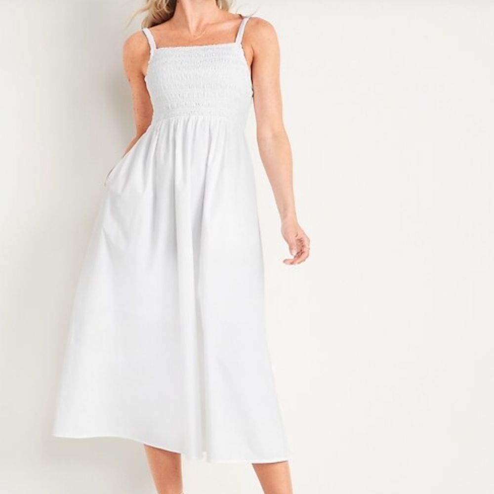 Old Navy Fit & Flare Sleeveless Cotton-Poplin Smocked-Bodice Midi Dress White XL